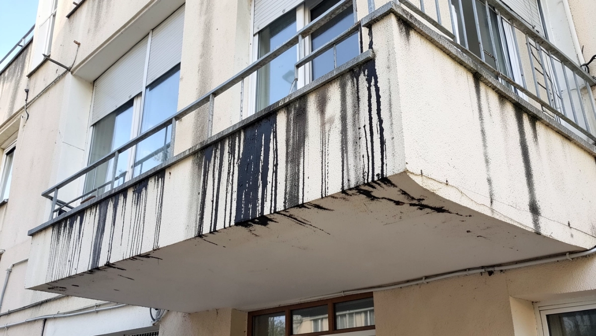Zacieki na elewacji pod balkonem